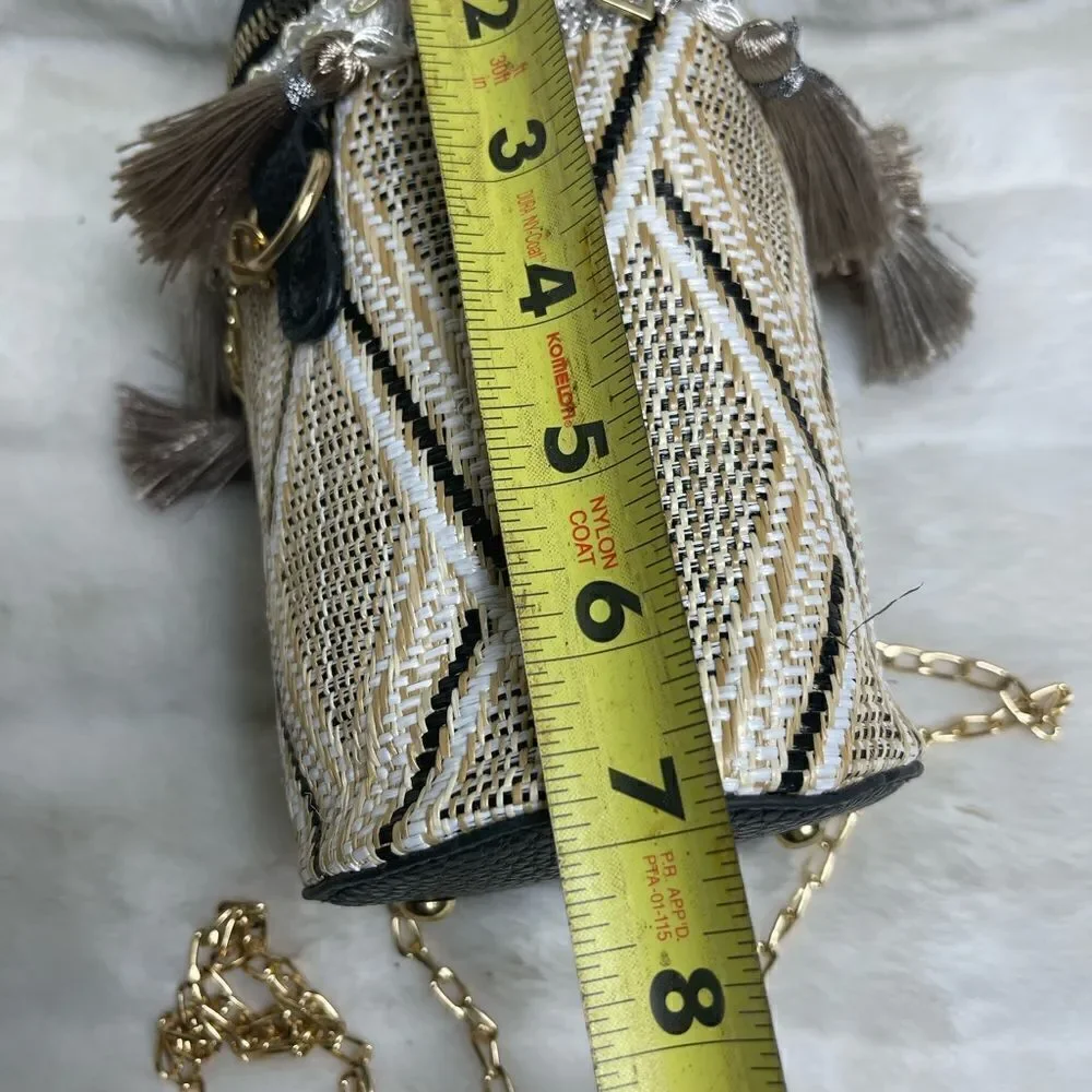 Mini tassels bucket bag beige ,brown and black with gold tone chain strap